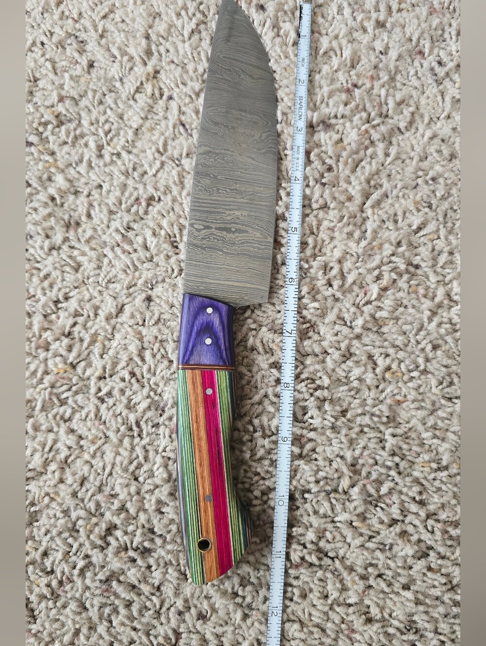 Damascus Chef Knife with Multicolor Wood Handle - Picture 4 of 5